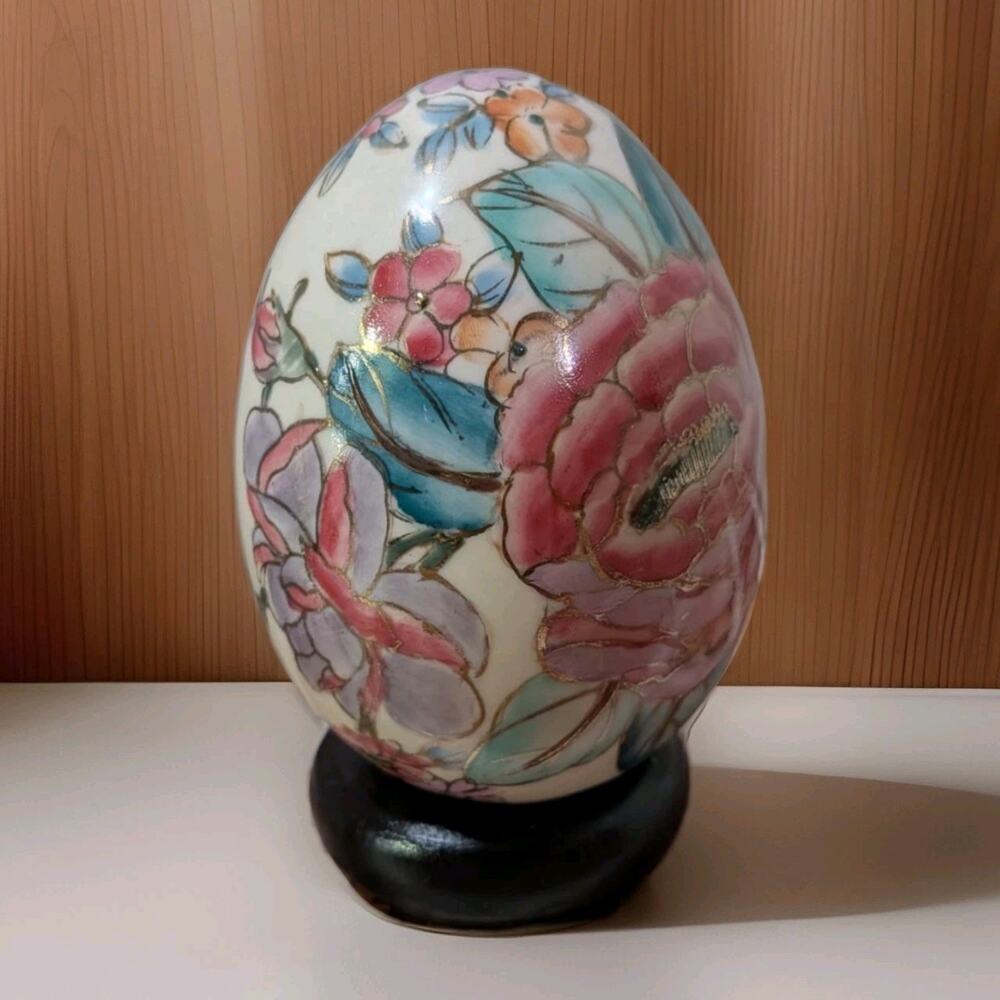Vintage Oriental Satsuma Style Porcelain Egg Hand Painted Floral Gilt Gold Wood